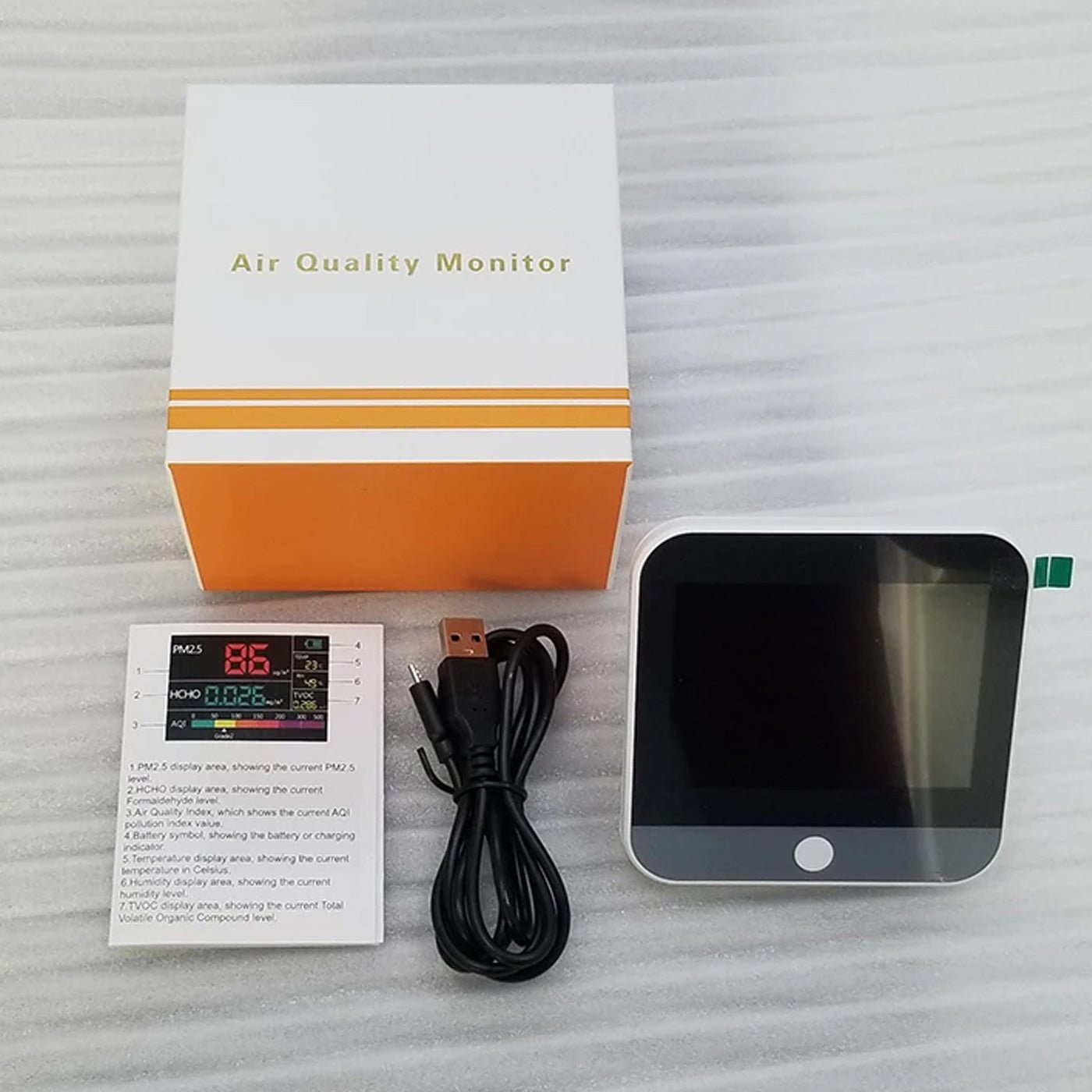 Indoor Air Quality Monitor with Air Quality Index, PM2.5, PM10, PM1.0, HCHO, TVOC