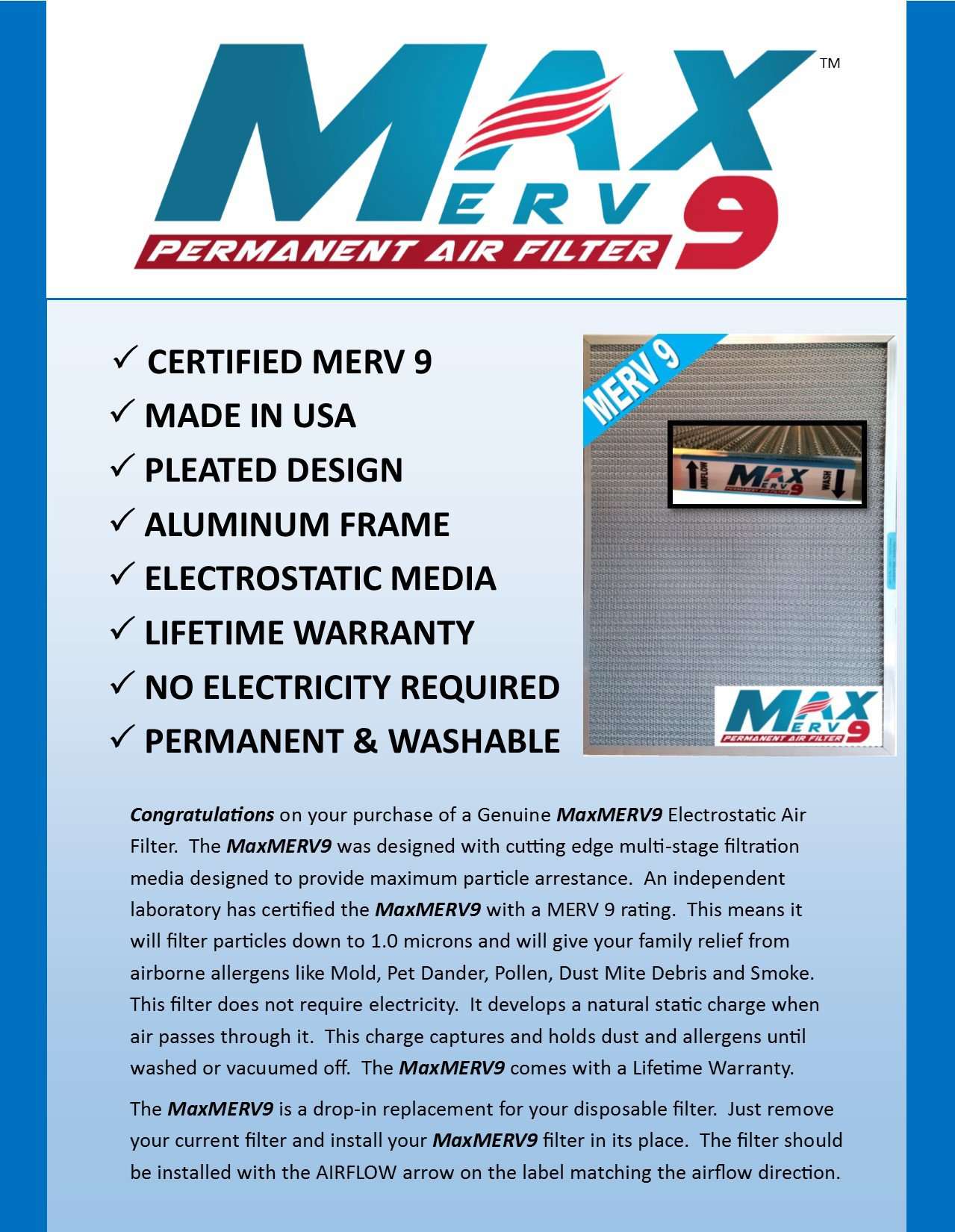 MetalPure Max MERV 9 Washable Electrostatic Air Filter