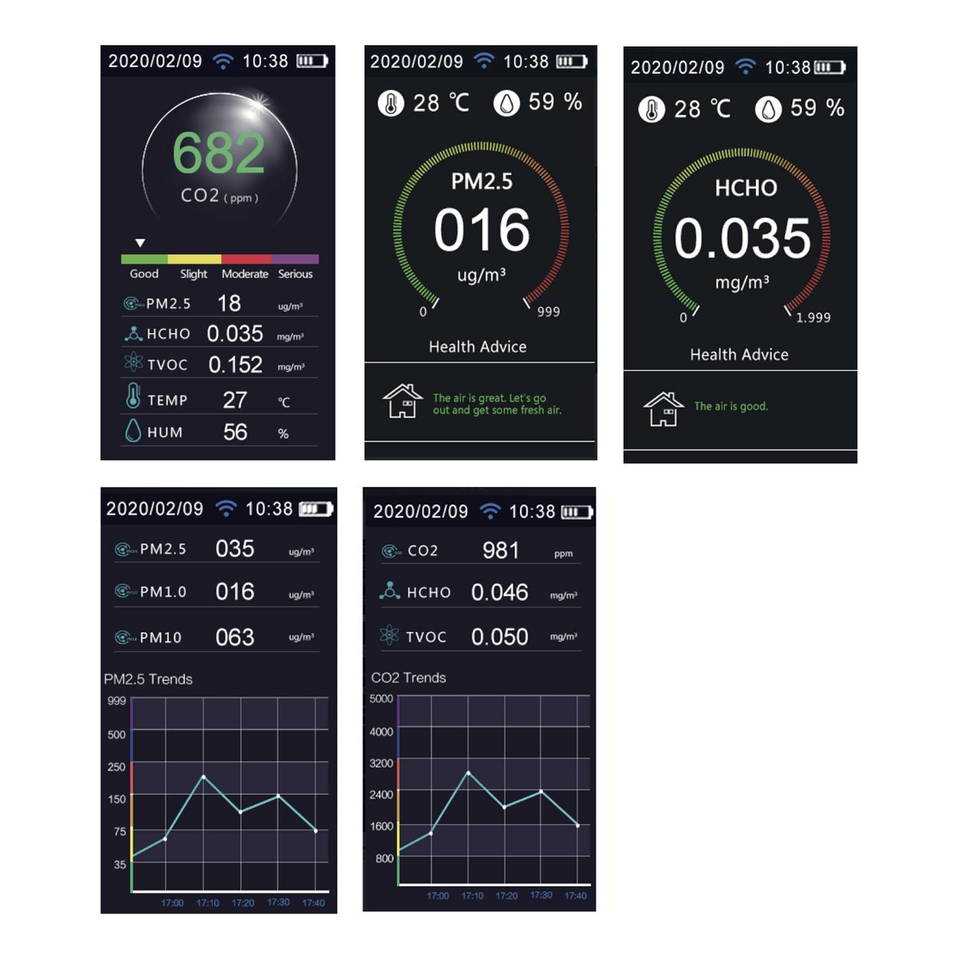 Multi-Function Indoor Air Quality Monitor with Optional WIFI- Monitors CO2, PM2.5, PM10, PM1.0, HCHO, TVOC